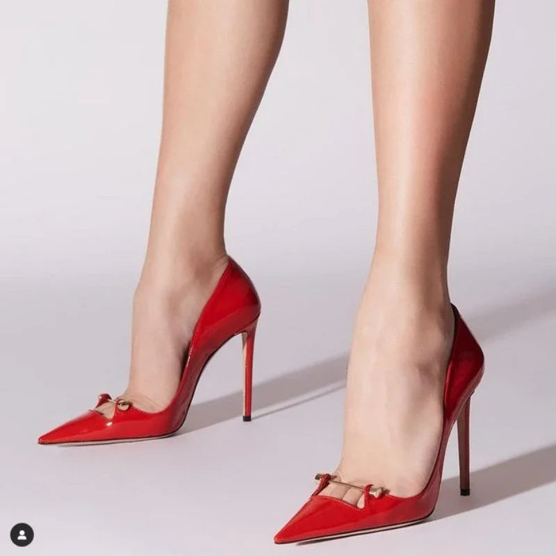 New Pointed Metal Buckle Women High-heeled Shoes European American Fashion Runway Styles Red Black Steel Tube Dance Single Shoes