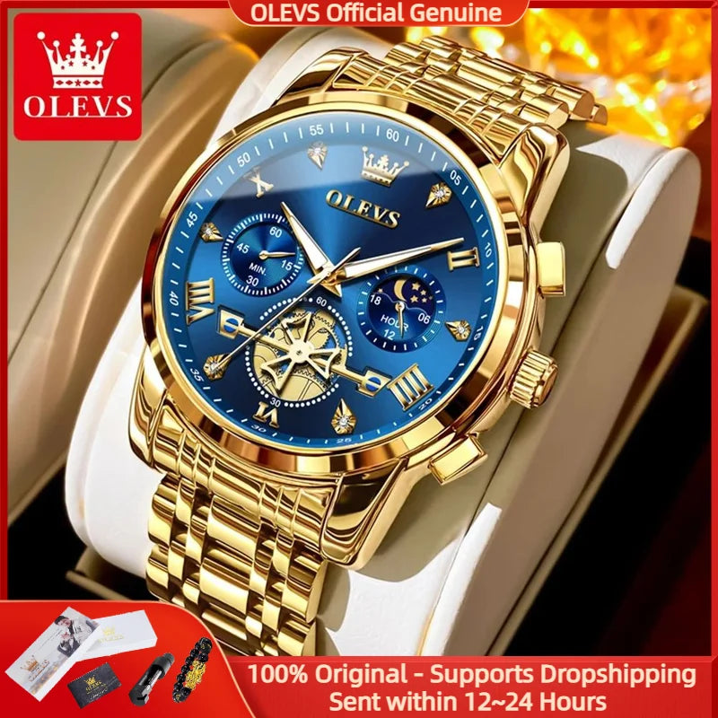 OLEVS Moon Phase Mens Watch Classic Flywheel Waterproof Stainless Steel