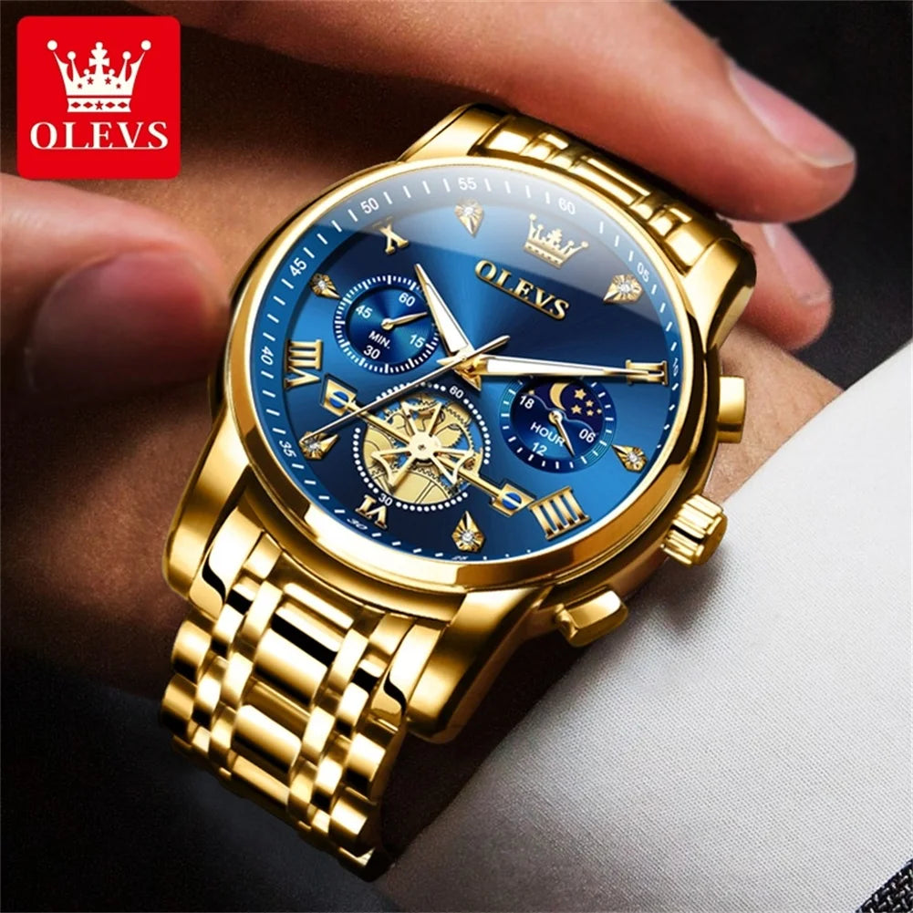 OLEVS Moon Phase Mens Watch Classic Flywheel Waterproof Stainless Steel