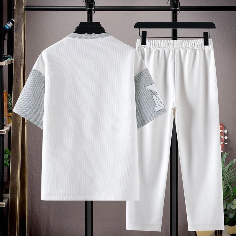 Summer Fashion Trendy Printed Short Sleeve T-Shirt Sports Set Men's Casual Loose Breathable High Quality Plus Size Two-Piece Set