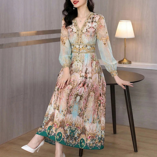 2026 Luxury Silk Casual Midi Dress Summer Women's Vintage Print Elegant Evening Prom Dress Spring Holiday Boho Hepburn Vestidos