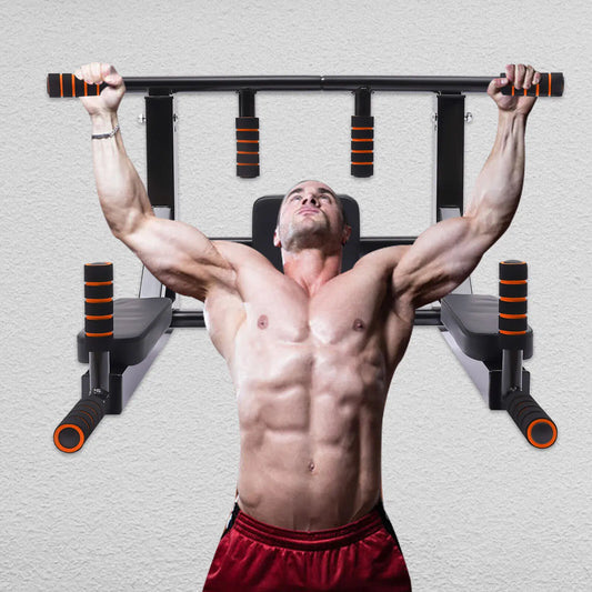 Man performing pull-ups on a wall-mounted pull-up bar against a gray background