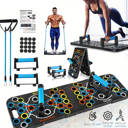 Multifunctional fitness board with exercise equipment and users demonstrating use.