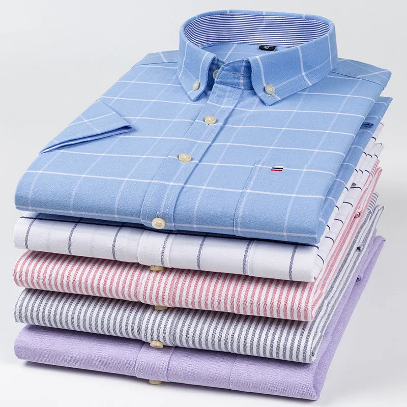 Men's Oxford Short Sleeve Summer Casual Shirts Single Pocket Comfortable Standard-fit Button-down Plaid Striped Cotton Shirt