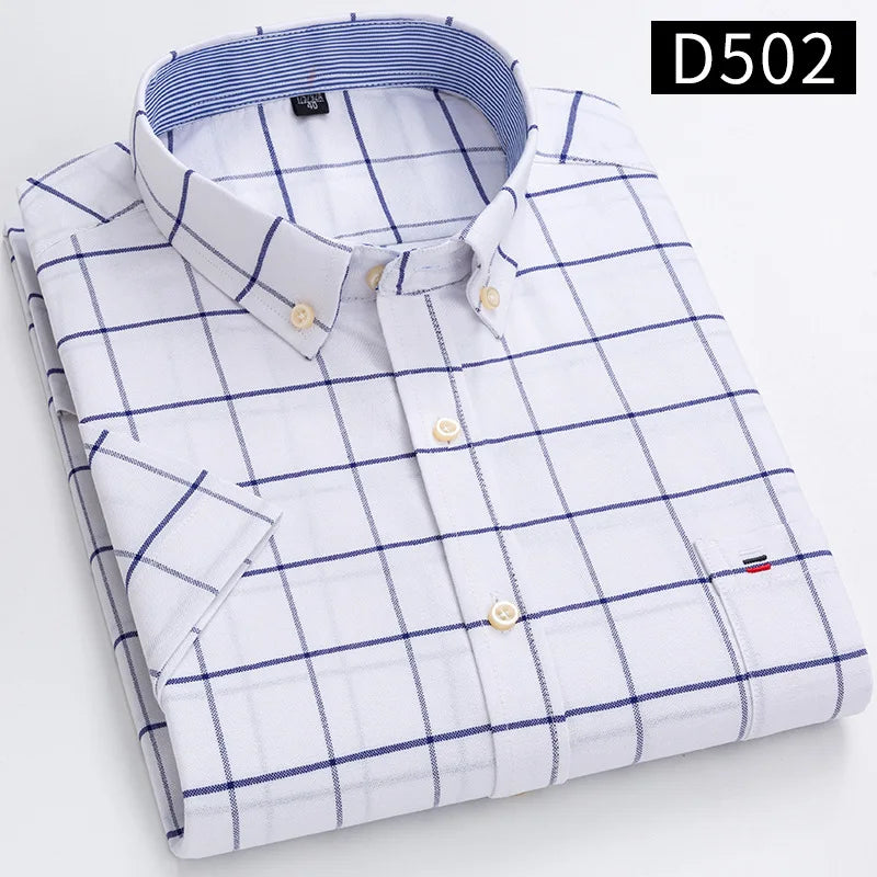 Men's Oxford Short Sleeve Summer Casual Shirts Single Pocket Comfortable Standard-fit Button-down Plaid Striped Cotton Shirt