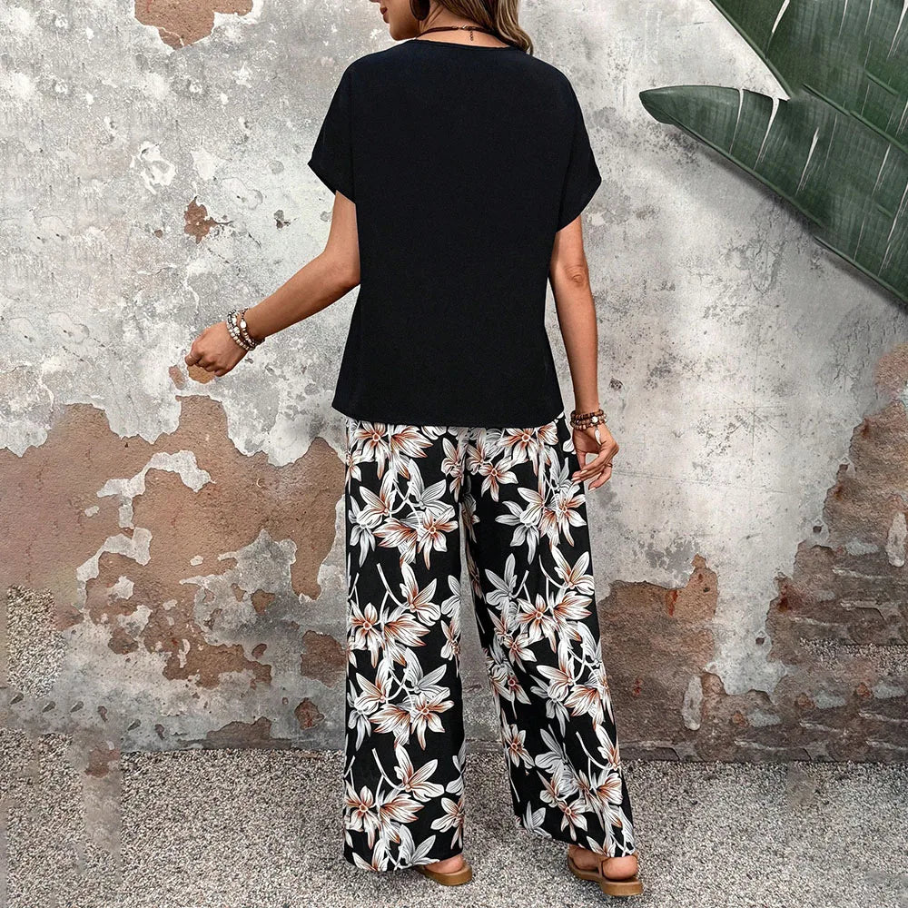 Summer Casual 2 Piece Set Women Outfit 2025 Fashion Loose Pullover Print Round Neck T-shirts And Trousers Pant Sets Suits