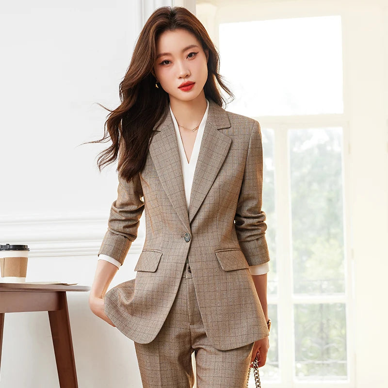 NAVIU High Quality Fabric Formal Professional Lady Office Work Wear Spring OL Styles Pant Suit Elegant Plaid Blazer and Trousers