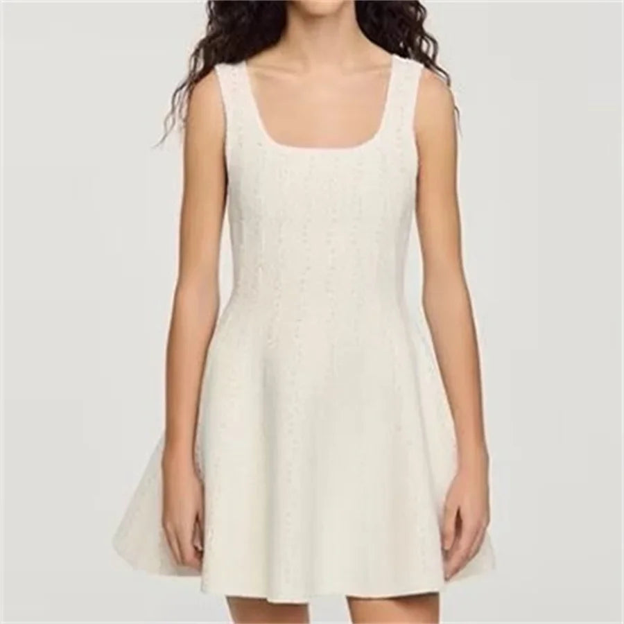 White or Blue Women Knitted A-Line Tank Dress Square Collar Pearl Decoration Sleeveless High Waist Ladies Knit Robe Summer 2026