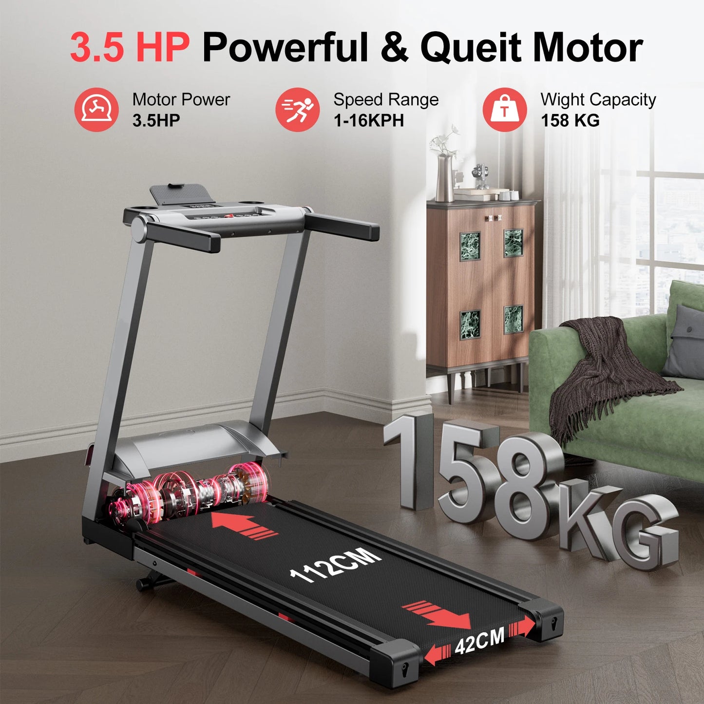 Foldable Incline Treadmill Walking Pad With Handle Bar Holder 350LBS