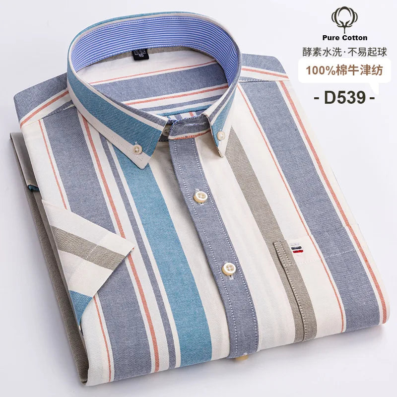 Men's Oxford Short Sleeve Summer Casual Shirts Single Pocket Comfortable Standard-fit Button-down Plaid Striped Cotton Shirt