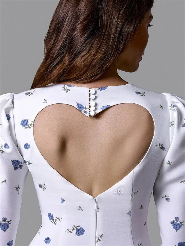 Floral Print Long Sleeve Backless Heart Hollow A-Line Mini Dress Women