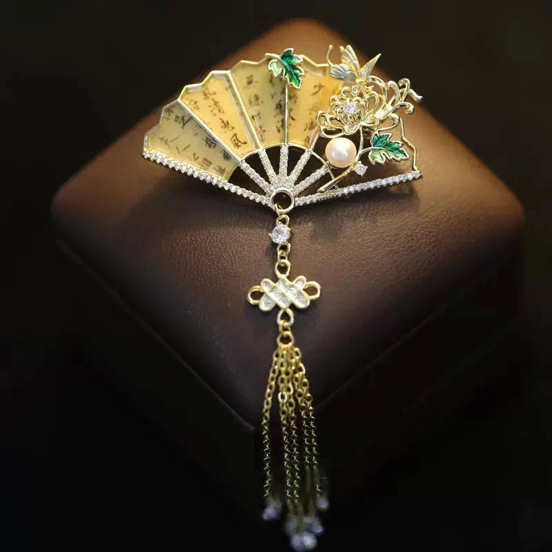 OKILY Palace Elegance Zircon Dancing  Girl Brooch Pins Temperament Enamel Bowknot Fan gingko Feather Corsage for Woman Ornament