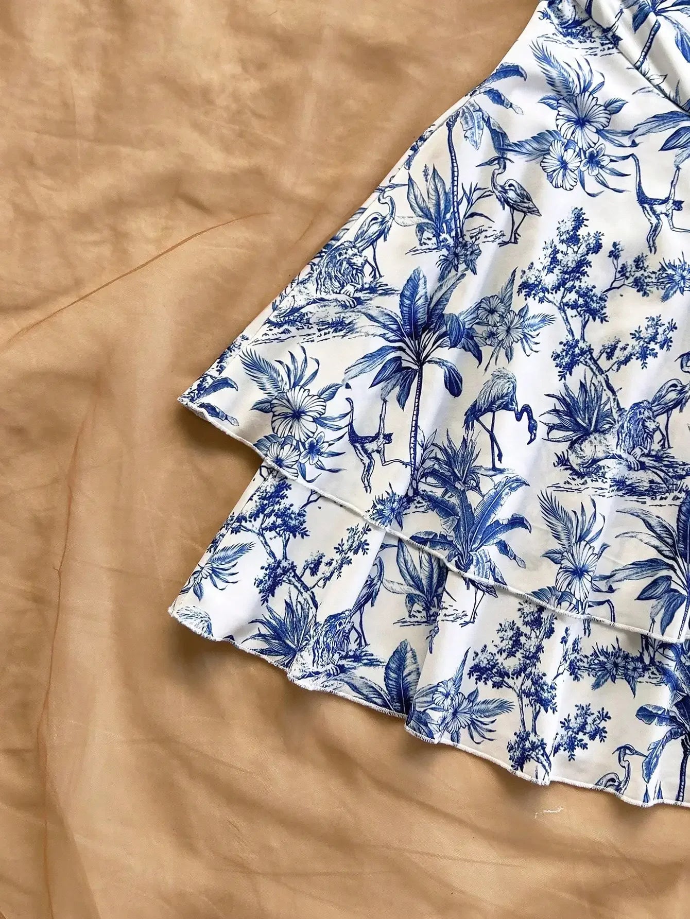 Halter Mini Dress Blue White Floral Print Palm Tree Bohemian Beach Summer Dress