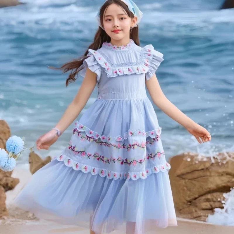 2026 Elegant Kids Blue Floral Embroidery Tulle Princess Gown