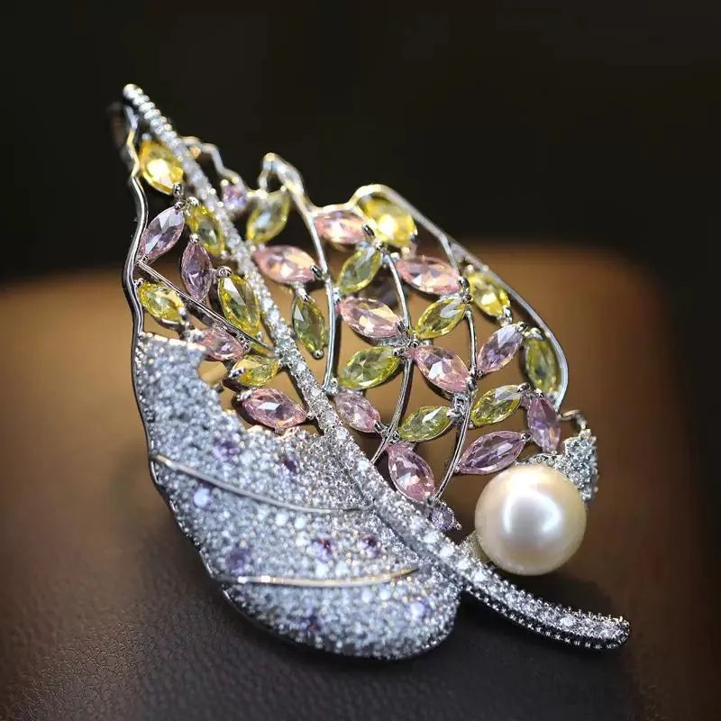 OKILY Palace Elegance Zircon Dancing  Girl Brooch Pins Temperament Enamel Bowknot Fan gingko Feather Corsage for Woman Ornament
