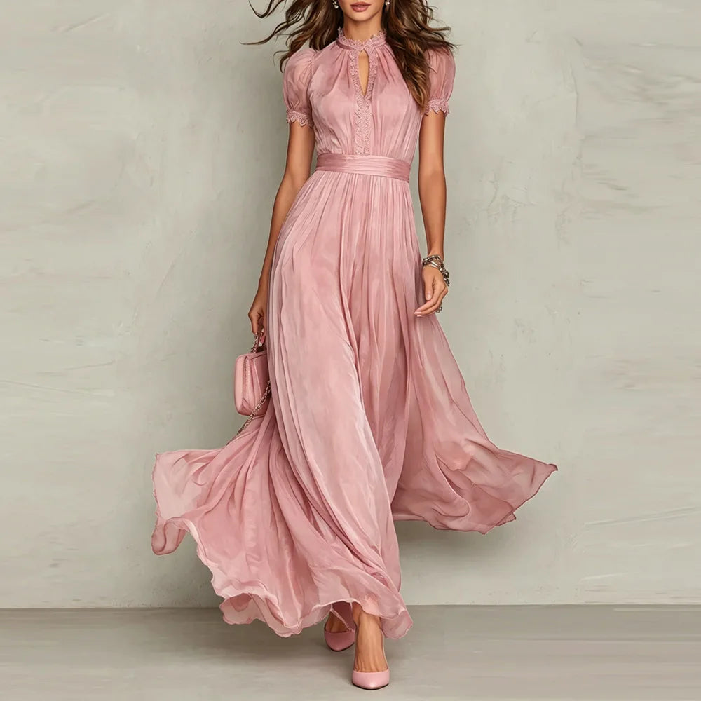 Women's Dress 2026 Summer New Style Stylish V-neck Waist Cinched Dress Breathable Slimming Ruffle Edge Girls' Big Swing Dress