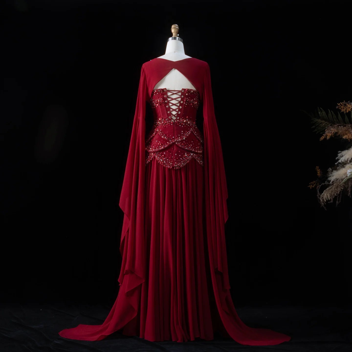Sharon Said Wine Red & Yellow Chiffon Evening Dress with Flare Sleeve Jacket