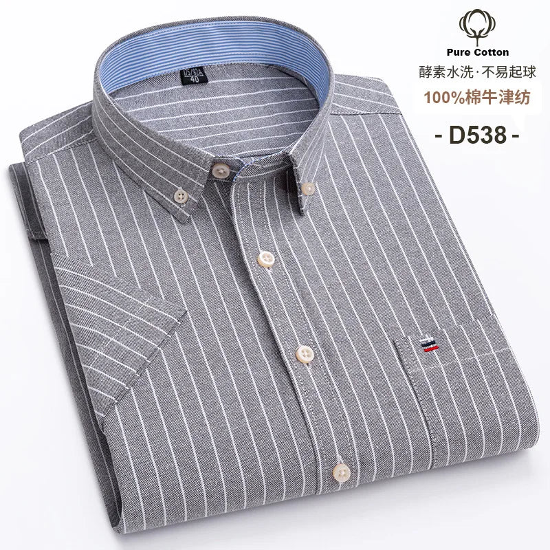 Men's Oxford Short Sleeve Summer Casual Shirts Single Pocket Comfortable Standard-fit Button-down Plaid Striped Cotton Shirt