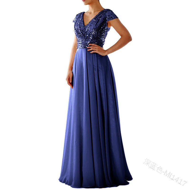 2026 summer new dress V-neck sequined chiffon splicing evening dress dress