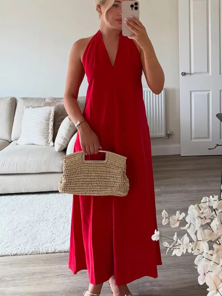 HH Summer Woman Sexy Chic Sling Dresses Women Midi Dress Fashion Sleeveless Backless Pleated Decorate Beach Party Dress