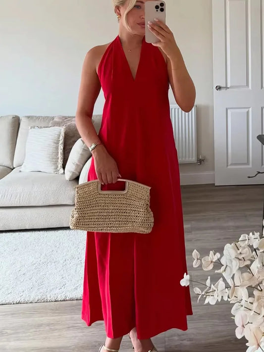 HH Summer Woman Sexy Chic Sling Dresses Women Midi Dress Fashion Sleeveless Backless Pleated Decorate Beach Party Dress