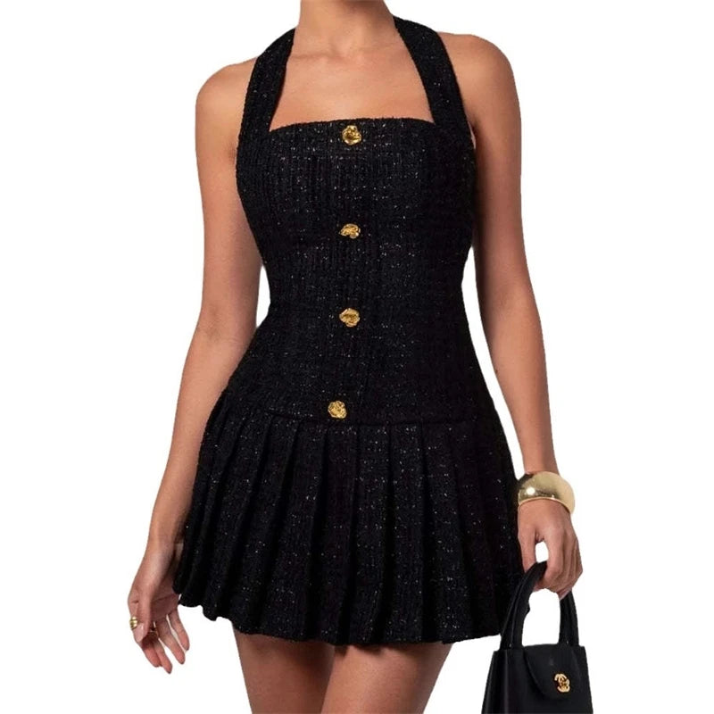 New Summer Dress 2025 Vestidos Para Mujer Solid Color Party Dresses Sexy Hanging Dress Pleated Dress Short Dresses For Woman