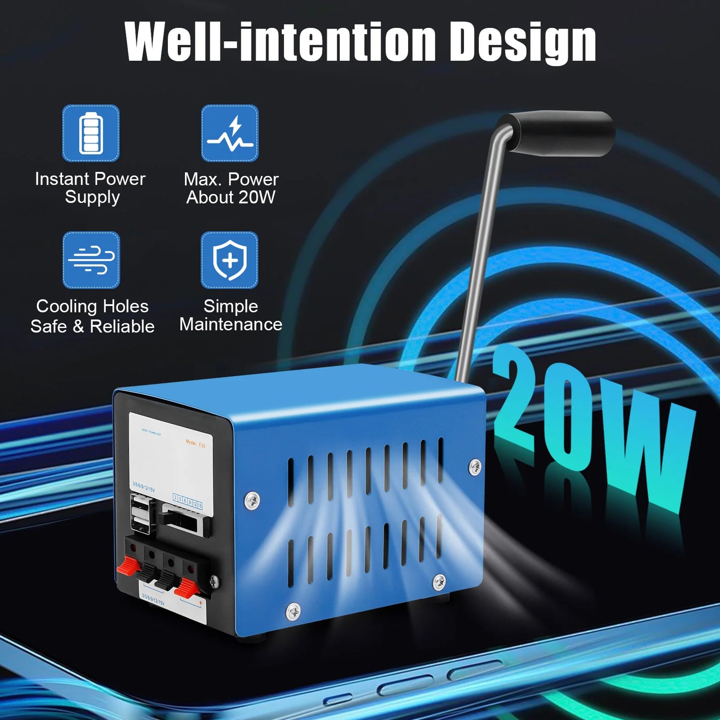 Hand Crank Generator 20W Portable Emergency Power Bank USB Output