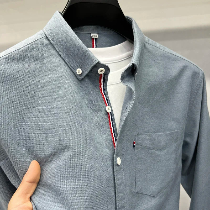 New High End Luxury Men's Shirt Autumn Lapel Pocket Embroidered Long Sleeved Shirt European Fashion Simple Versatile Men's Wear