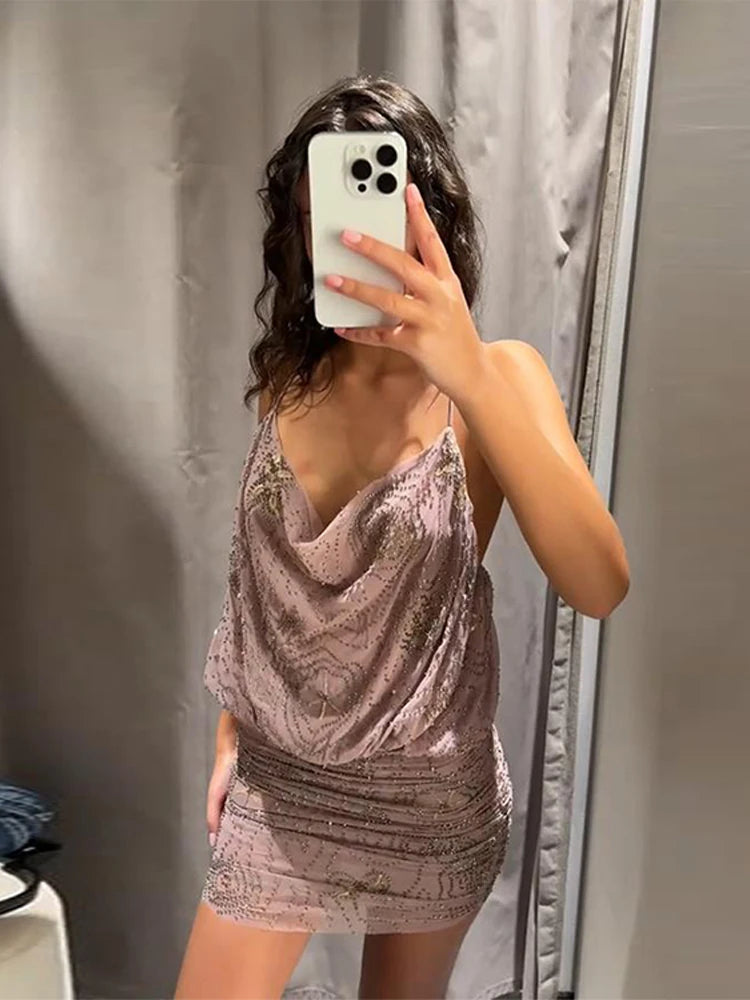 Floral Print V-Neck Sling Dress for Women Ruffle Detail Backless Long Party Gown Elegant Bodycon Style Casual Short Dress