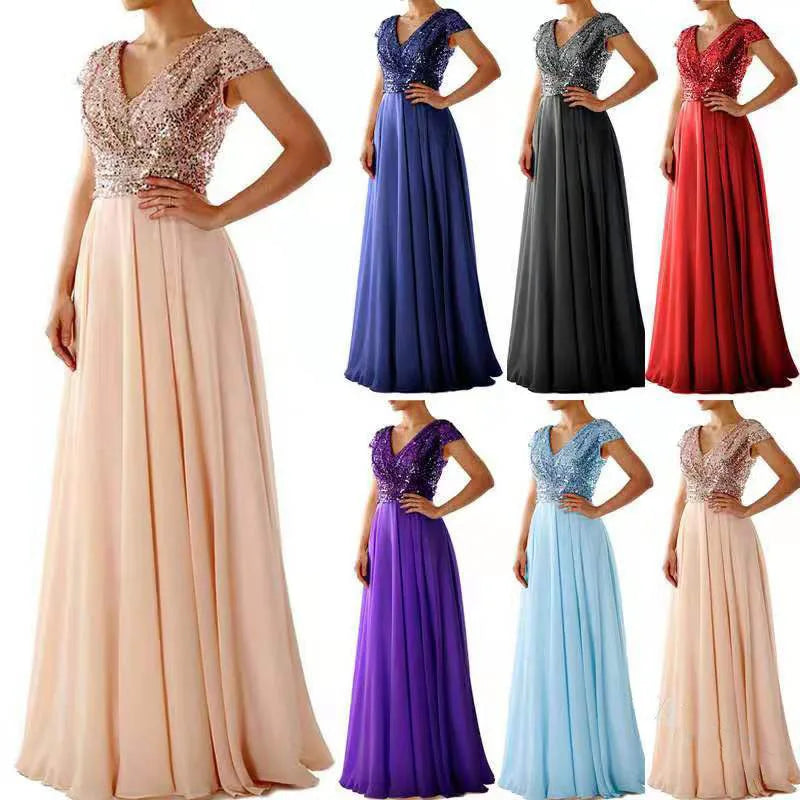 2026 summer new dress V-neck sequined chiffon splicing evening dress dress