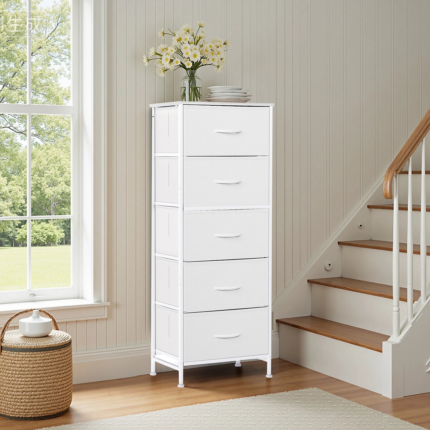 JHK Modern Morocco Dresser With Five Fabric Drawers And Steel Frame