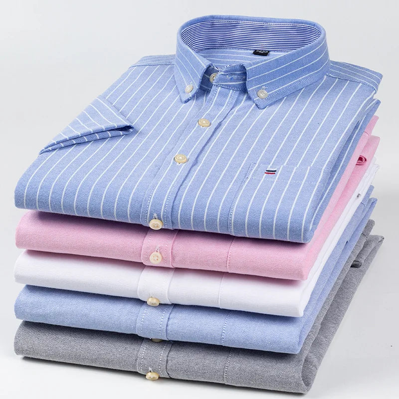 Men's Oxford Short Sleeve Summer Casual Shirts Single Pocket Comfortable Standard-fit Button-down Plaid Striped Cotton Shirt