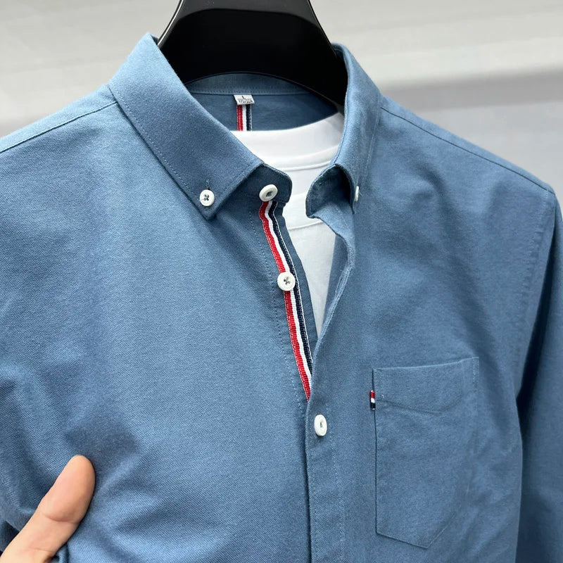 New High End Luxury Men's Shirt Autumn Lapel Pocket Embroidered Long Sleeved Shirt European Fashion Simple Versatile Men's Wear