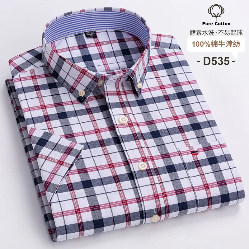 Men's Oxford Short Sleeve Summer Casual Shirts Single Pocket Comfortable Standard-fit Button-down Plaid Striped Cotton Shirt