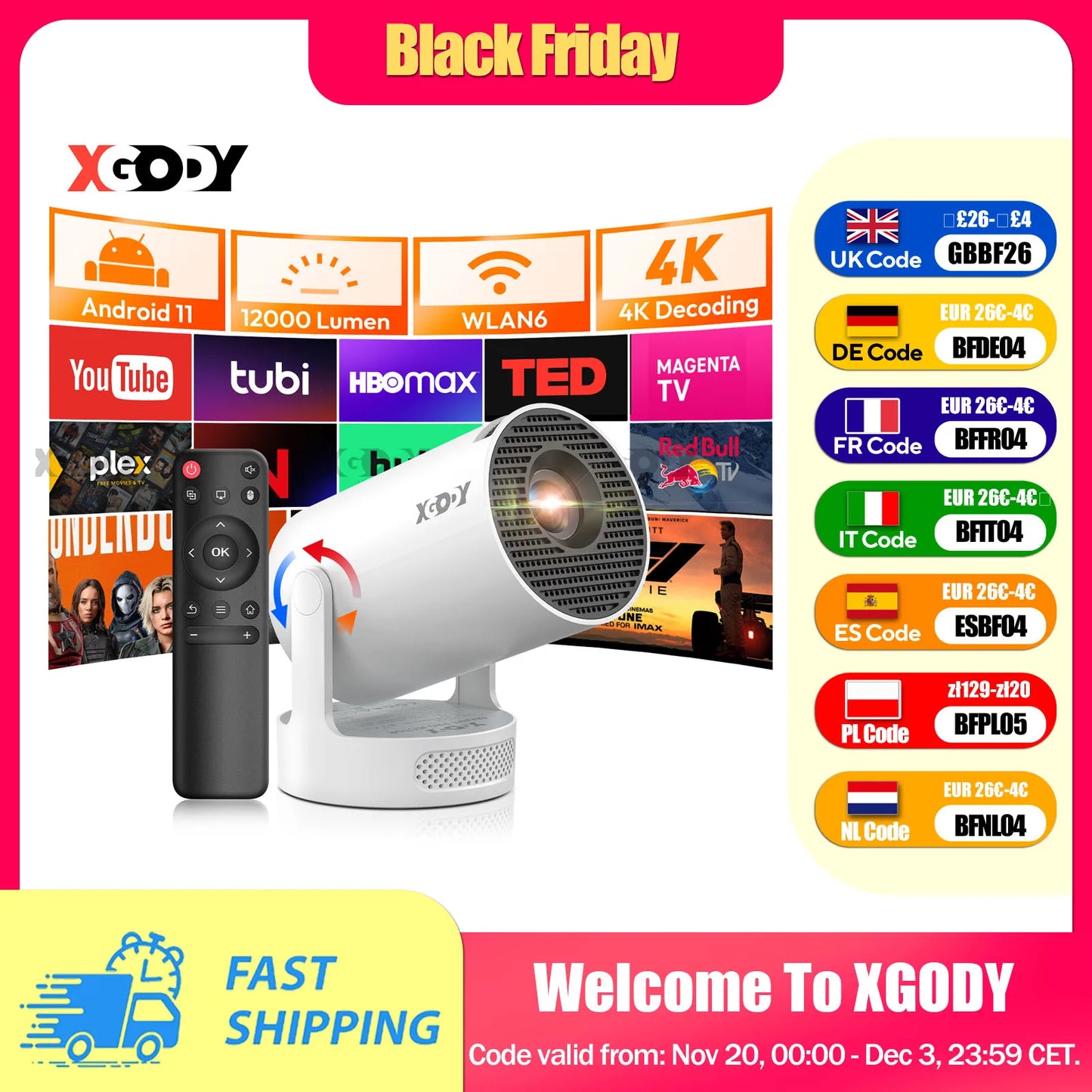 XGODY 4K LED Projector 12000 Lumen WiFi Bluetooth Home Theater