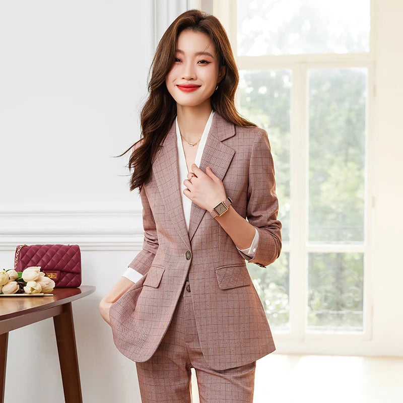 NAVIU High Quality Fabric Formal Professional Lady Office Work Wear Spring OL Styles Pant Suit Elegant Plaid Blazer and Trousers