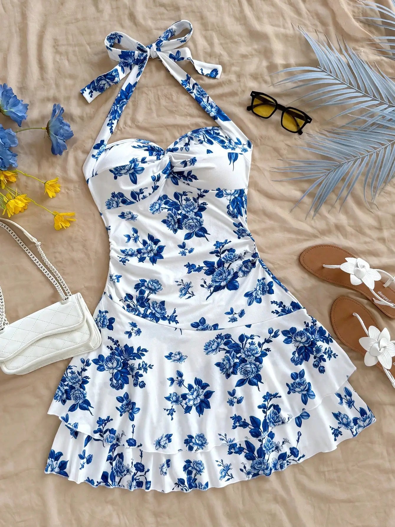 Halter Mini Dress Blue White Floral Print Palm Tree Bohemian Beach Summer Dress