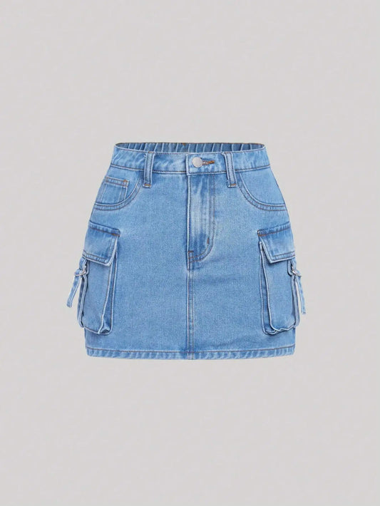Cargo Pocket Denim Mini Skirt for Teen Girls
