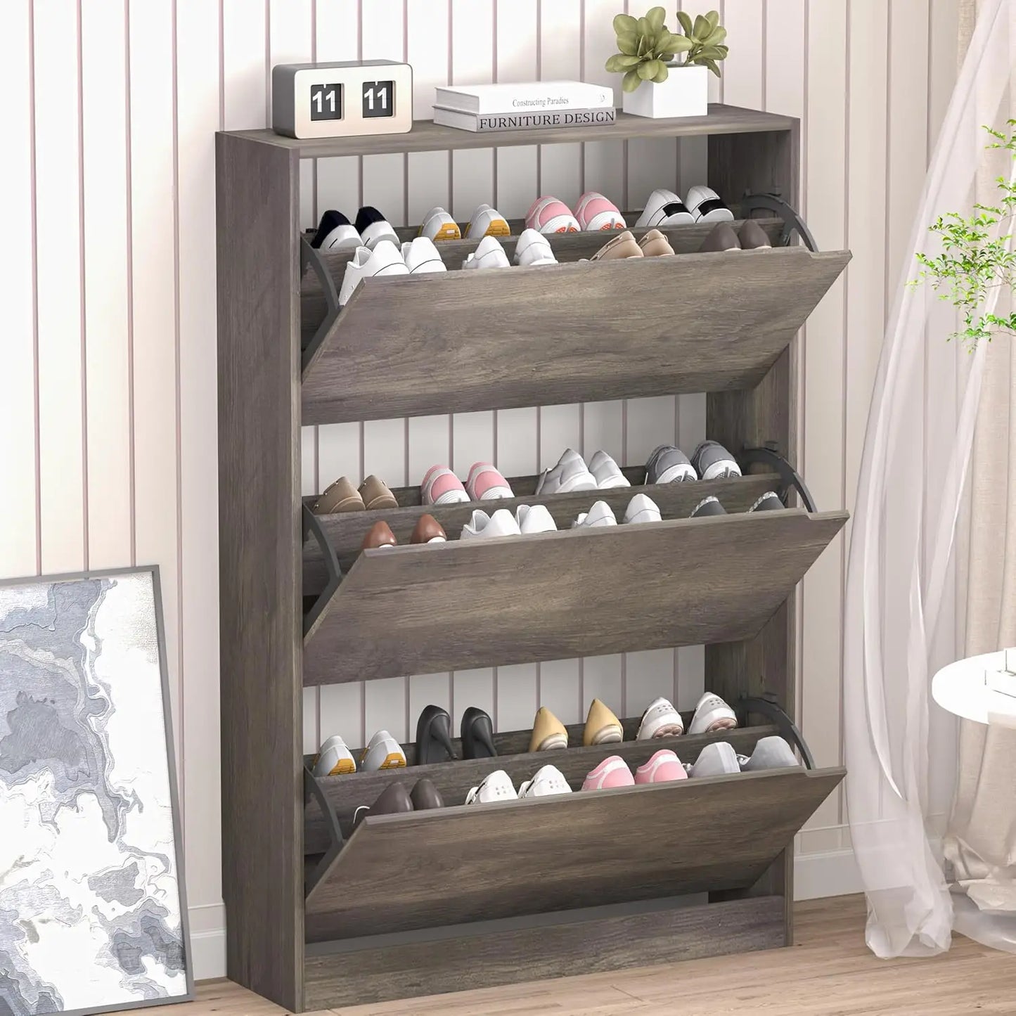 Slim Shoe Cabinet with 3 Flip Drawers, Adjustable Shelves, Freestanding Organizer for Entryway Hallway Closet Storage