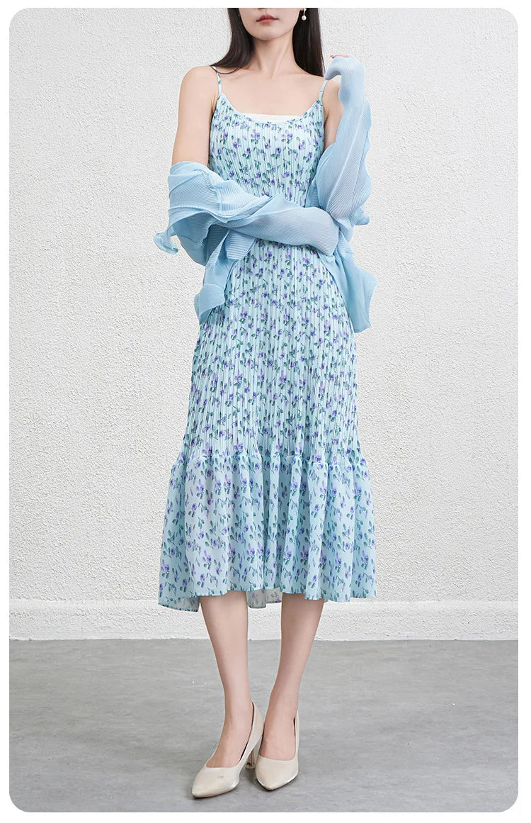 2026 Blue Floral Print Pleated Sundress Women Beach Vacation