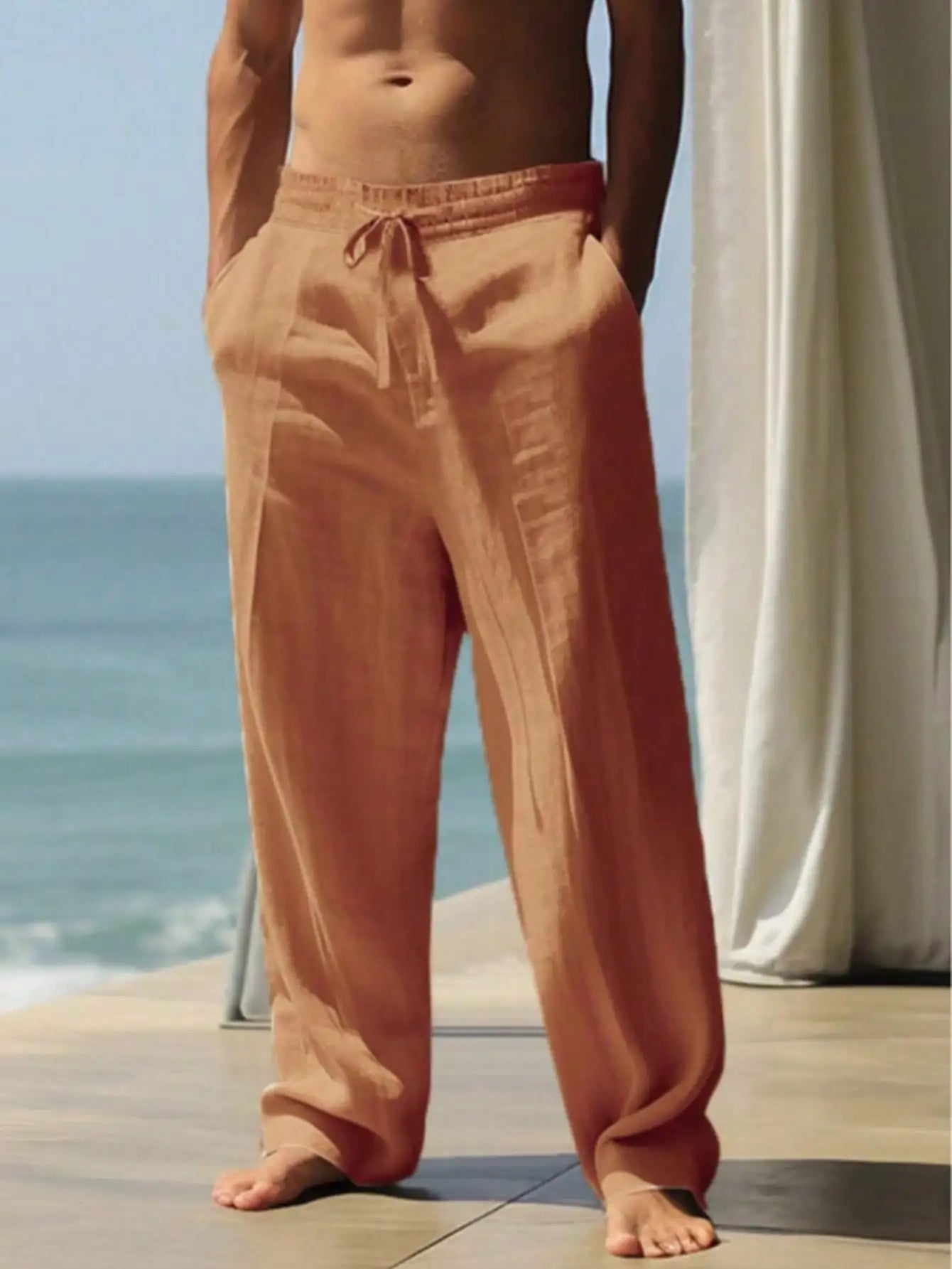 Linen Wide Leg Casual Pants for Men Breathable Summer Lightweight