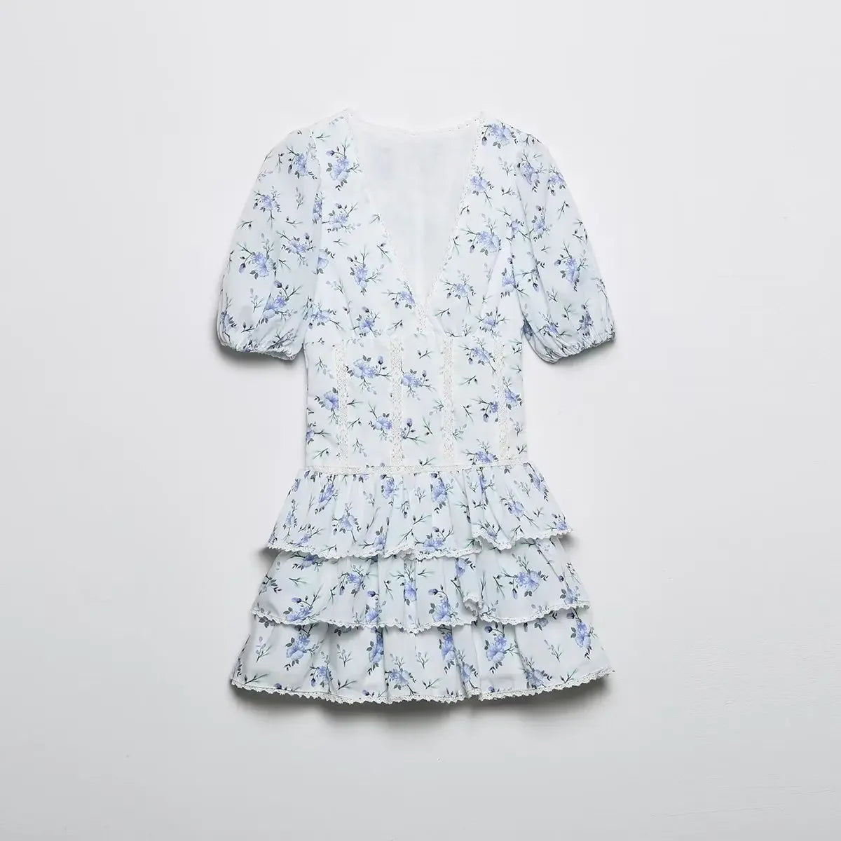 Customizable Elegant Women Printed Dress With Embroidery V-neck Puff Sleeves Ruffle Details Contrast Lining A-Line Dresses