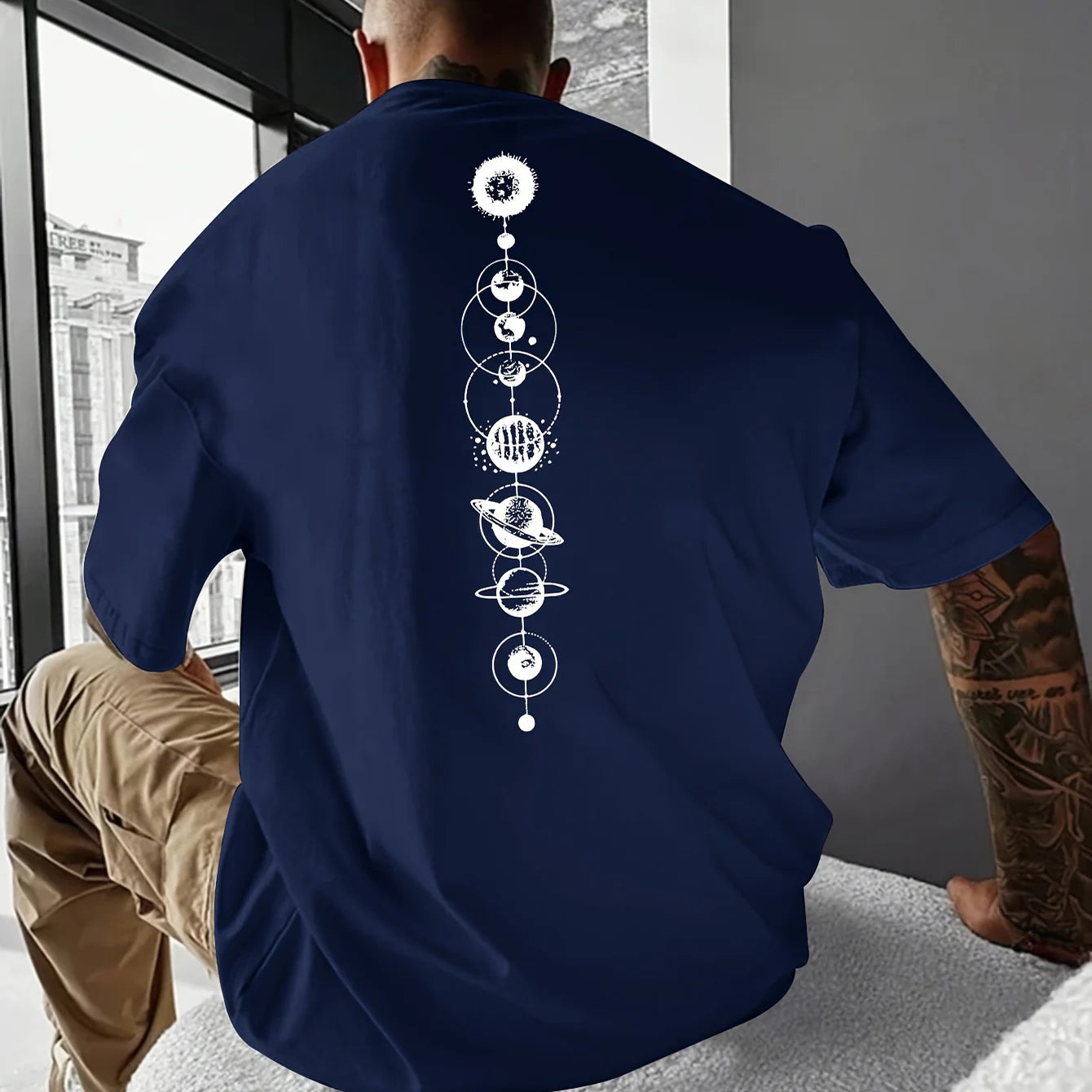 Men's 100% Cotton Planet Graphic Print Slim Fit Short Sleeve T-Shirt