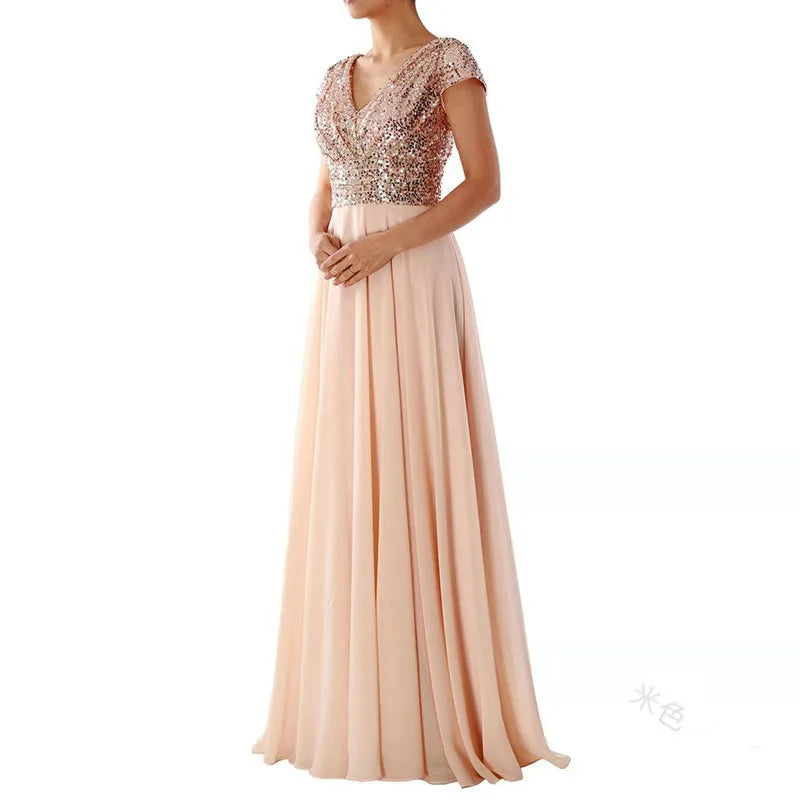 2026 summer new dress V-neck sequined chiffon splicing evening dress dress