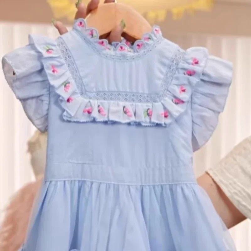 2026 Elegant Kids Blue Floral Embroidery Tulle Princess Gown