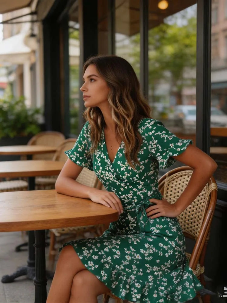 Elegant floral dress 2026 summer short sleeved women's dress V-neck one-piece dress