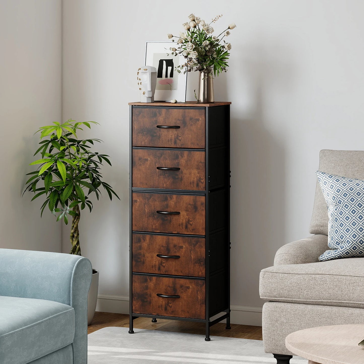 JHK Modern Morocco Dresser With Five Fabric Drawers And Steel Frame