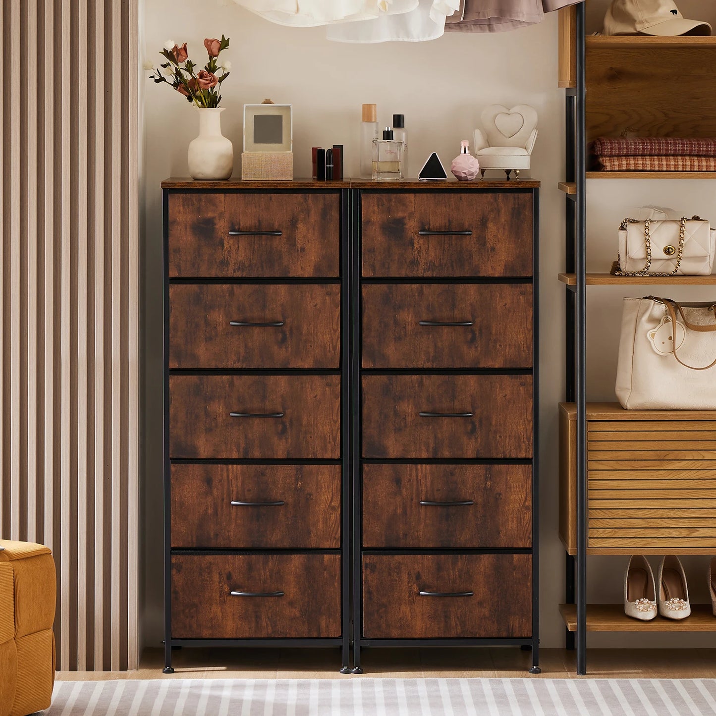 JHK Modern Morocco Dresser With Five Fabric Drawers And Steel Frame