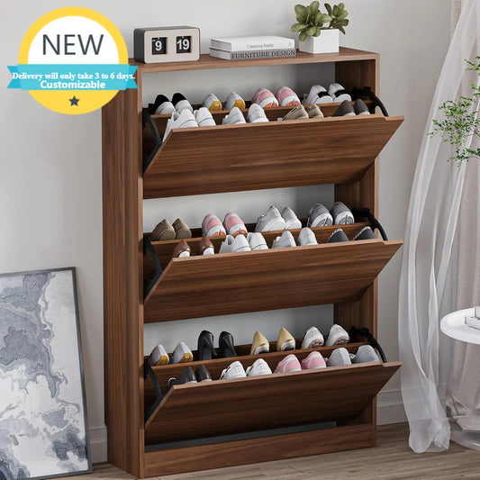 Slim Shoe Cabinet with 3 Flip Drawers, Adjustable Shelves, Freestanding Organizer for Entryway Hallway Closet Storage