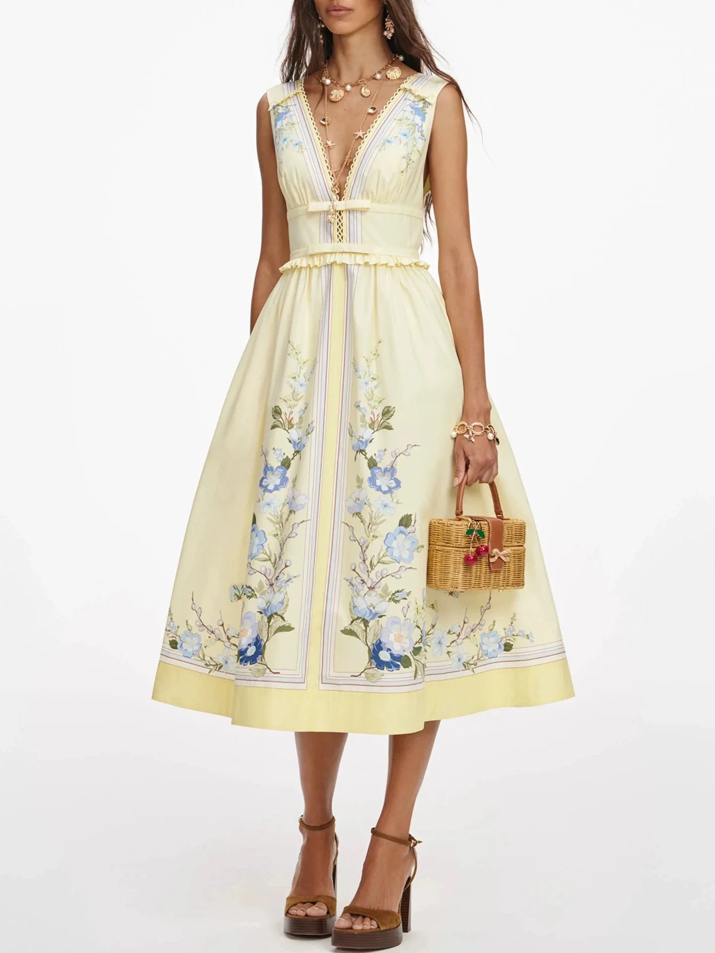 Floral Print Women Yellow Dresses Lace Edge V-Neck Sleeveless Backless Ruffles Spliced High Waist Elegant Cotton Midi Dress
